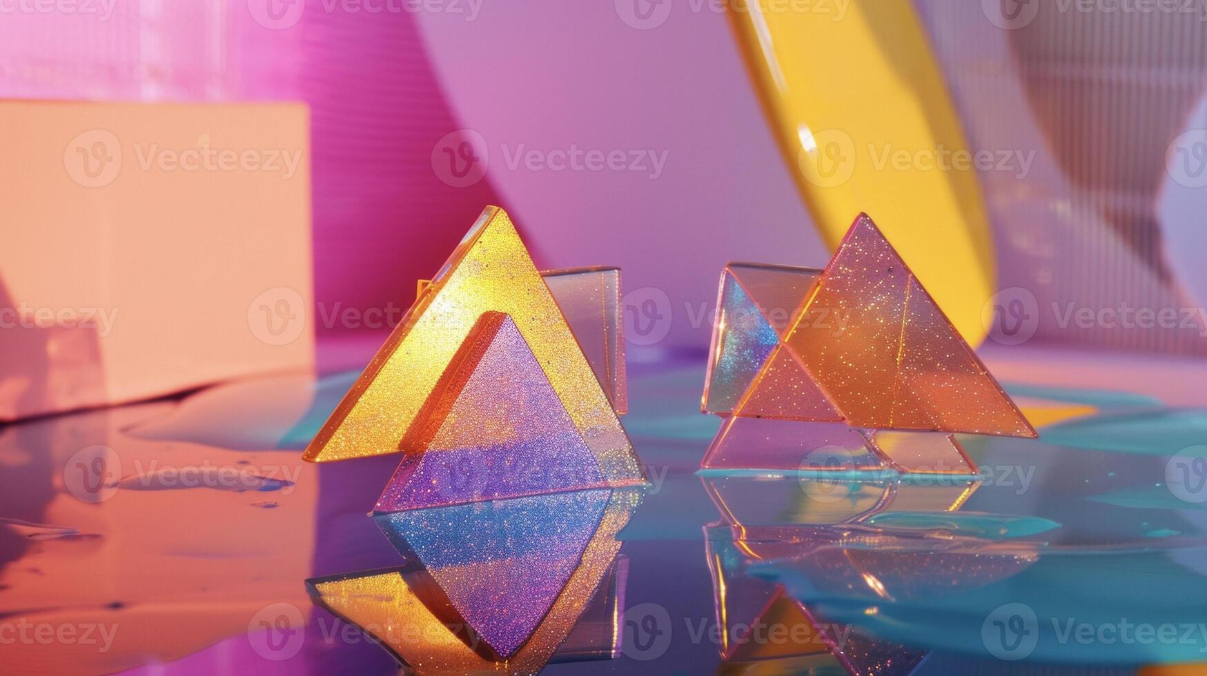 Bold geometric earrings with a holographic finish inspired by the abstract shapes found in 3D modeling photo