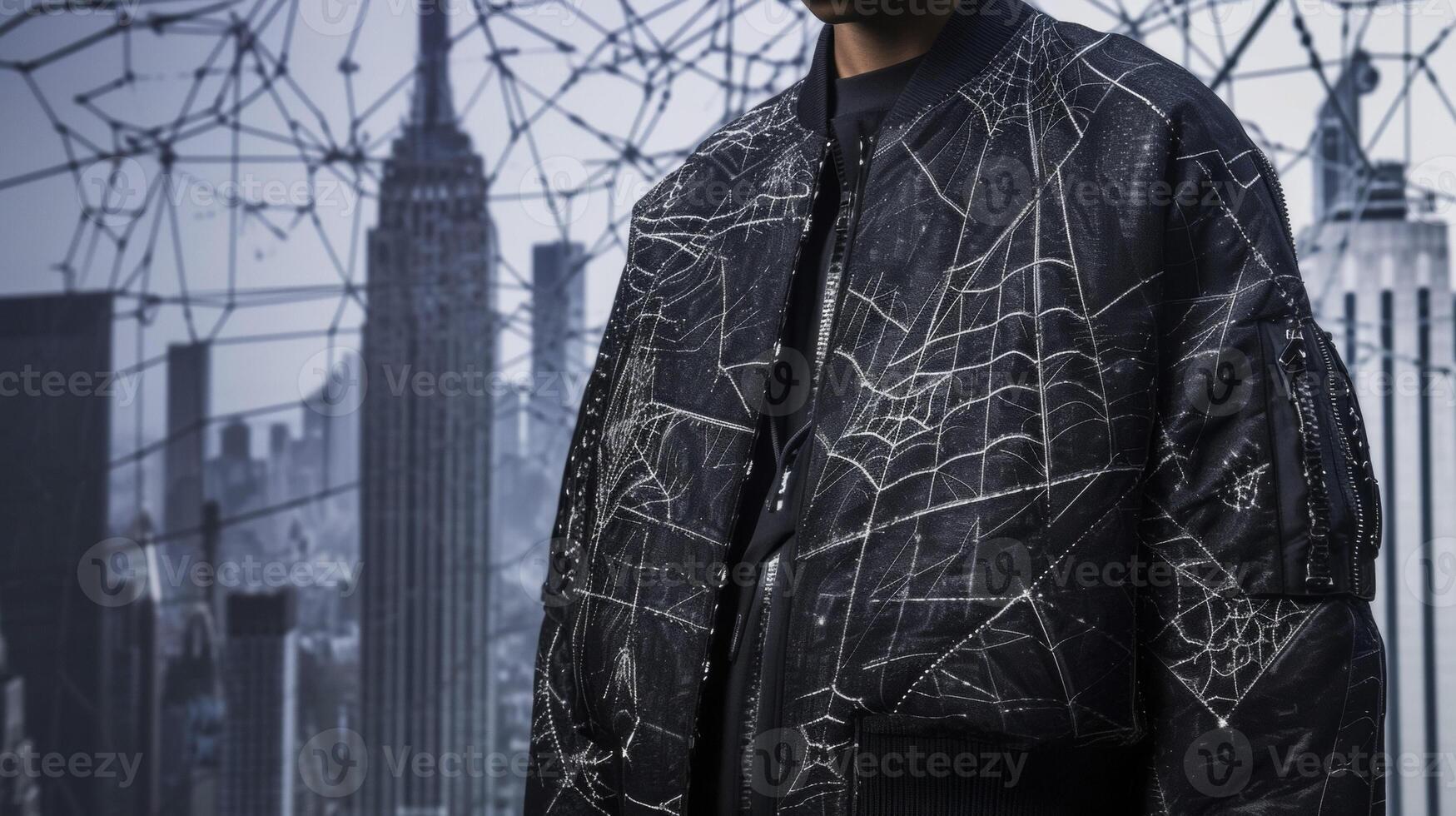 A structured jacket featuring a multidimensional mesh overlay inspired by the intricate web of a spider against a backdrop of a futuristic city skyline photo