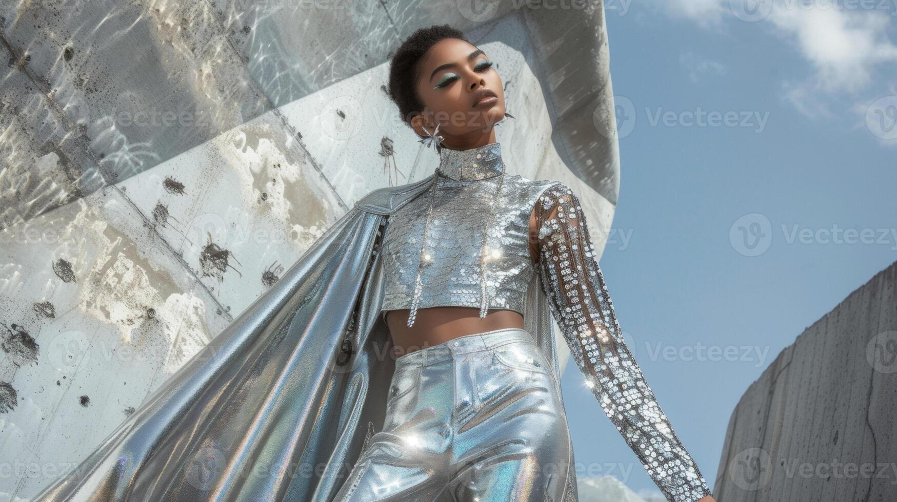 A metallic silver jumpsuit with outs and a shimmering cape accented with chunky silver jewelry and spaceinspired makeup for a bold and futuristic look photo