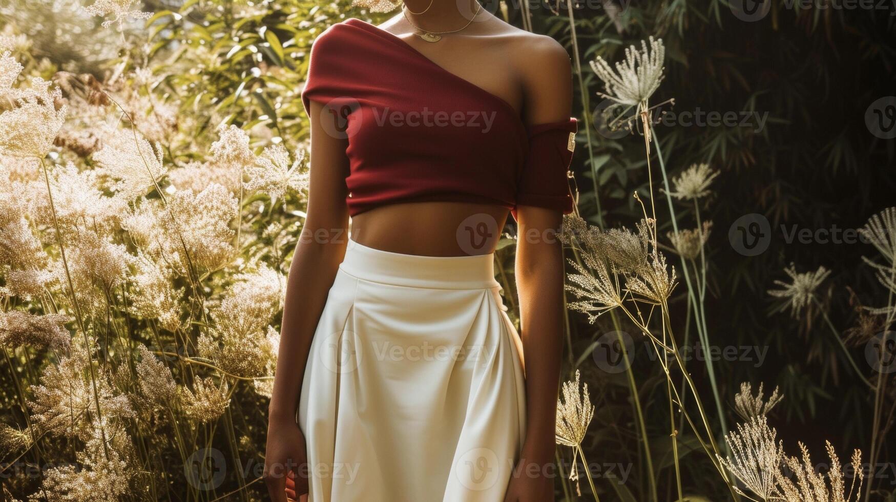 A simple white midi skirt paired with a fitted crop top in a luxurious shade of burgundy creating a minimalistic and elegant look for a summer garden party photo