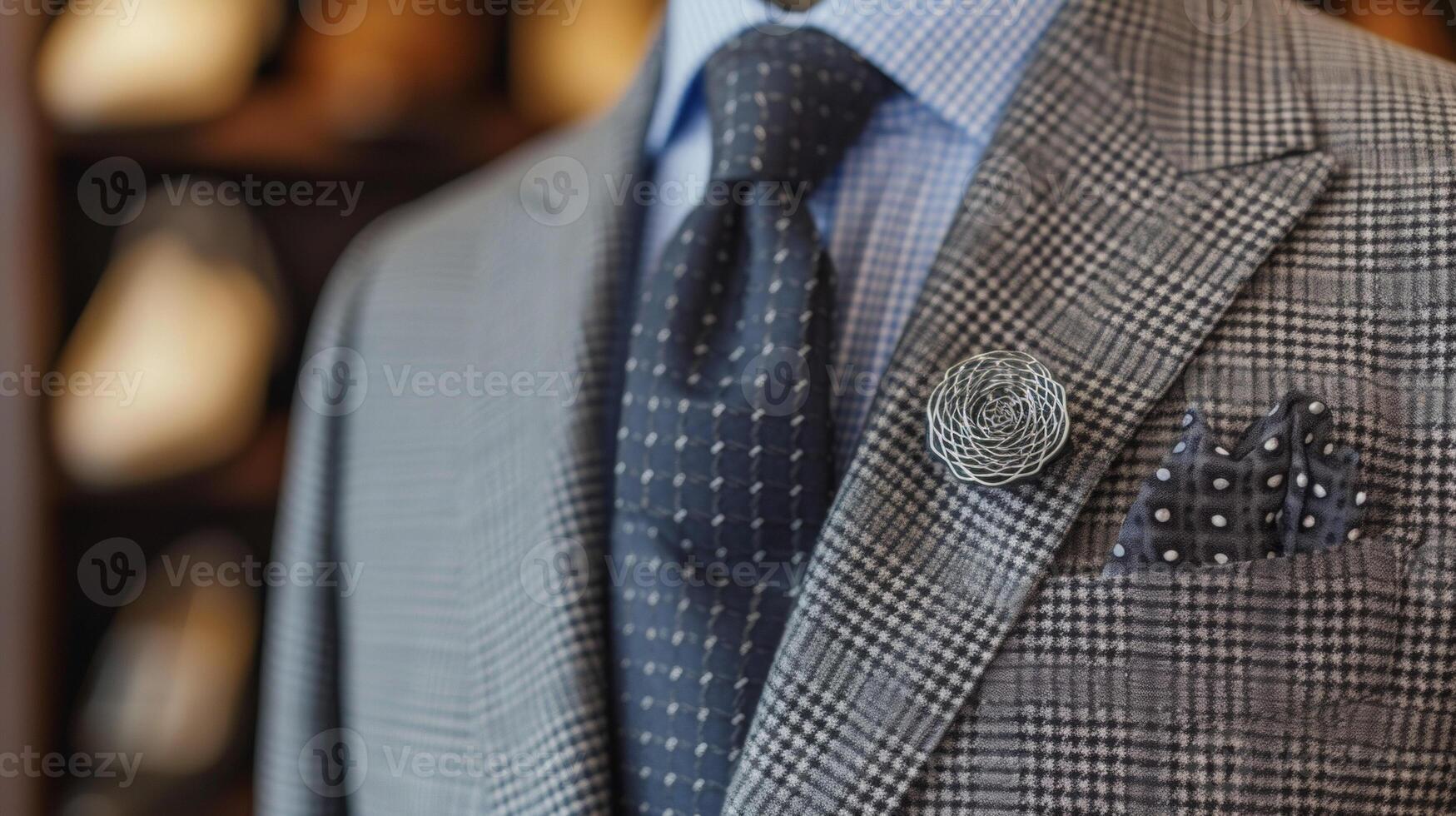 This suit combines a traditional houndstooth fabric with a 3D printed lapel pin for a modern and sophisticated touch photo