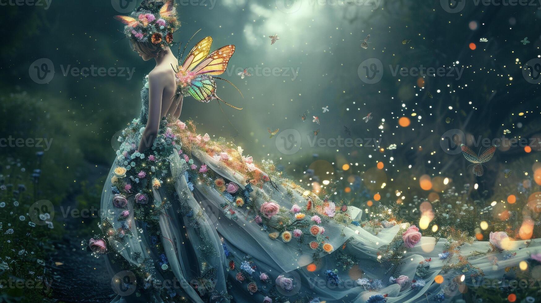 A fairy princess adorned in a flowing gown made of delicate pastel flowers with a whimsical flower crown on her head. Her mask is made of intricate butterfly wings addin photo