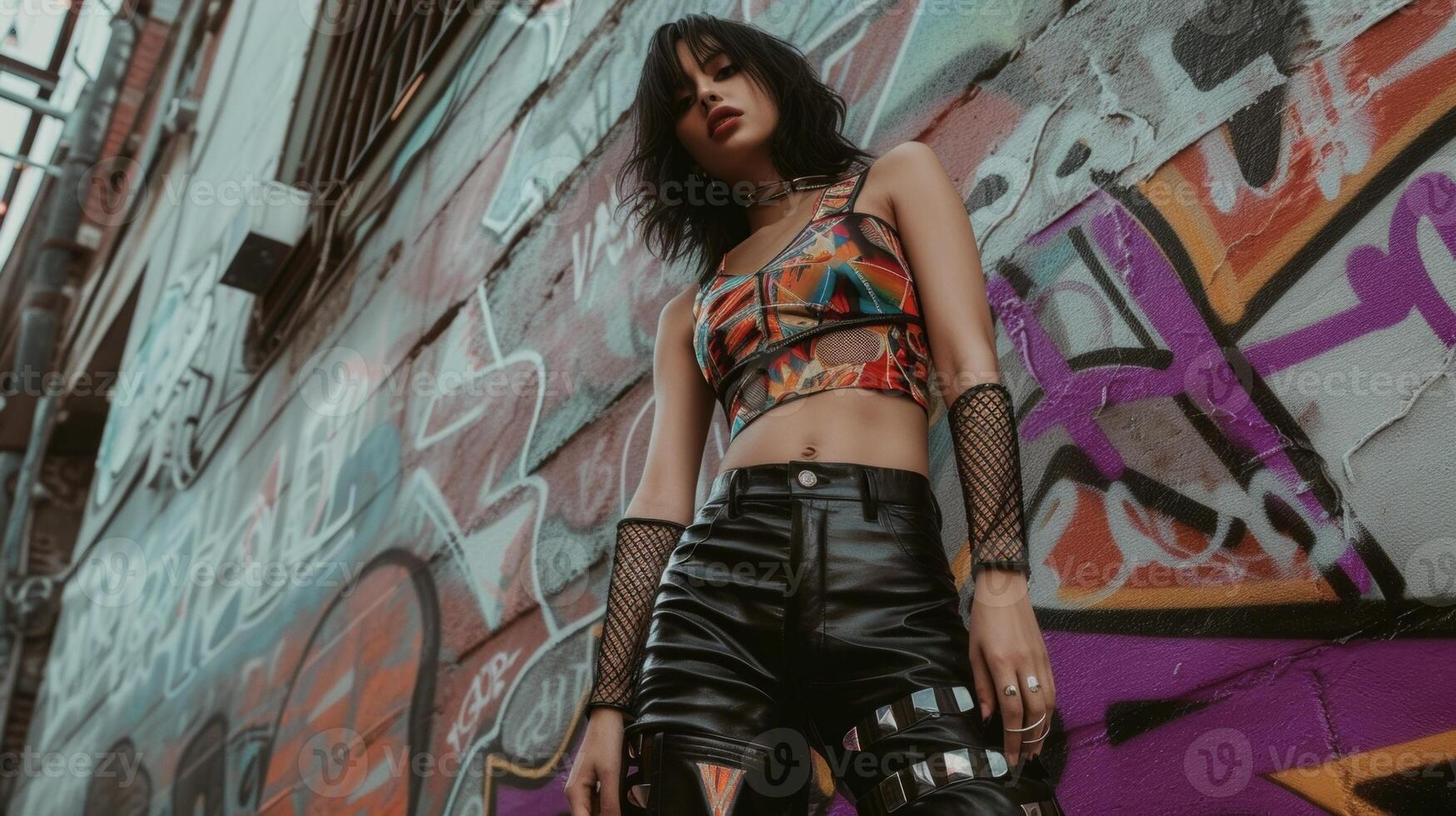 A mesh top with geometric outs and a bold abstract print worn over a sleek black bralette and leather pants and finished off with chunky boots. This experimental look is perfec photo