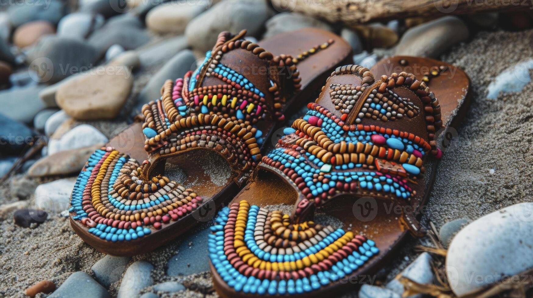 A pair of handcrafted leather sandals featuring intricate beading and weaving techniques ped down through the generations reflecting the brands rich history and heritage photo