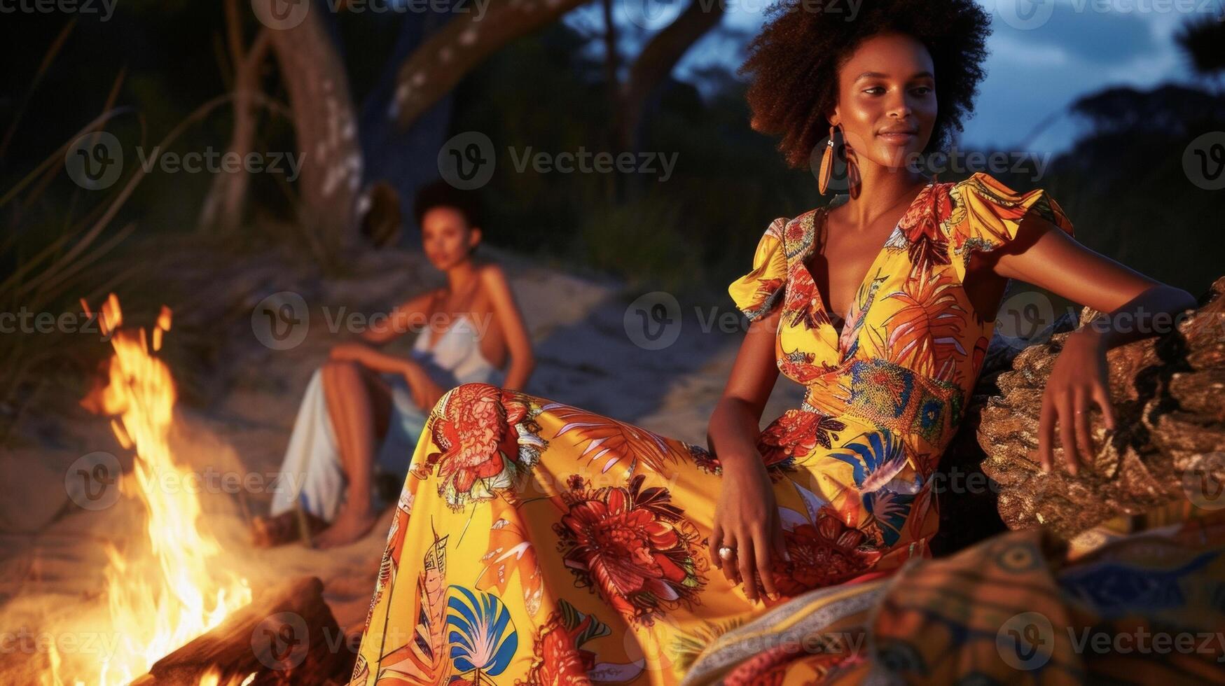 Make a statement with a bold patterned recycled polyester maxi dress perfect for a beach bonfire party photo