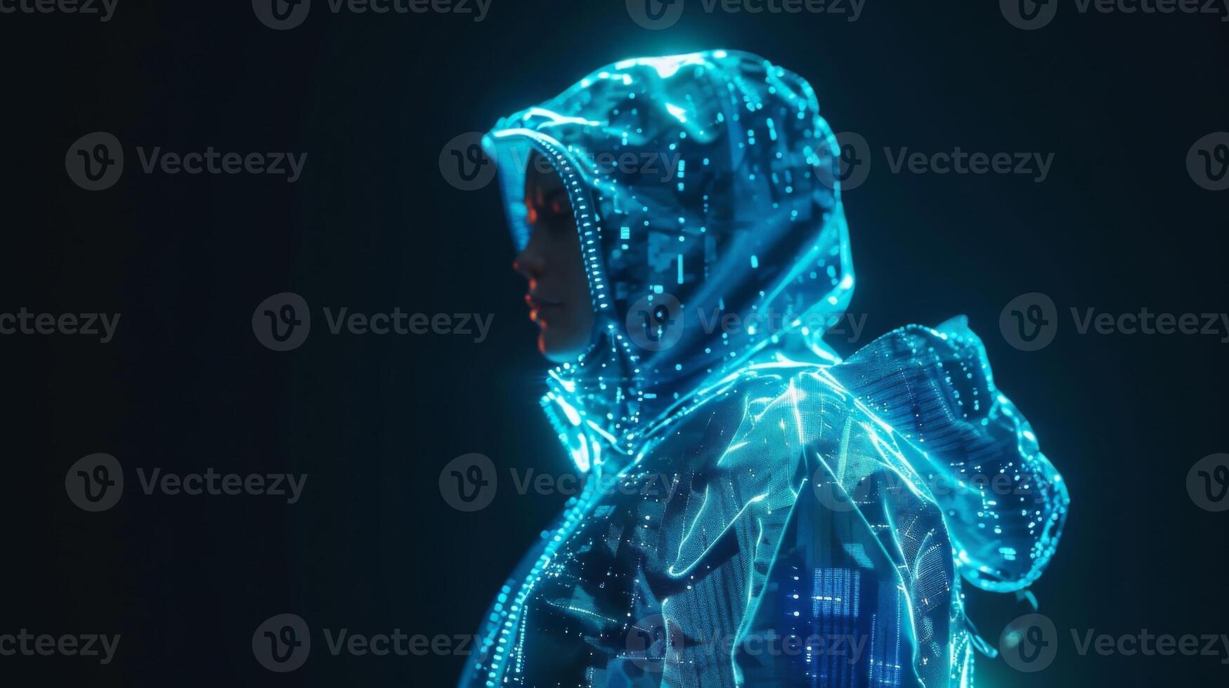 A holographic image of a model wearing a futuristic jacket with temperature regulation and builtin virtual istant technology photo