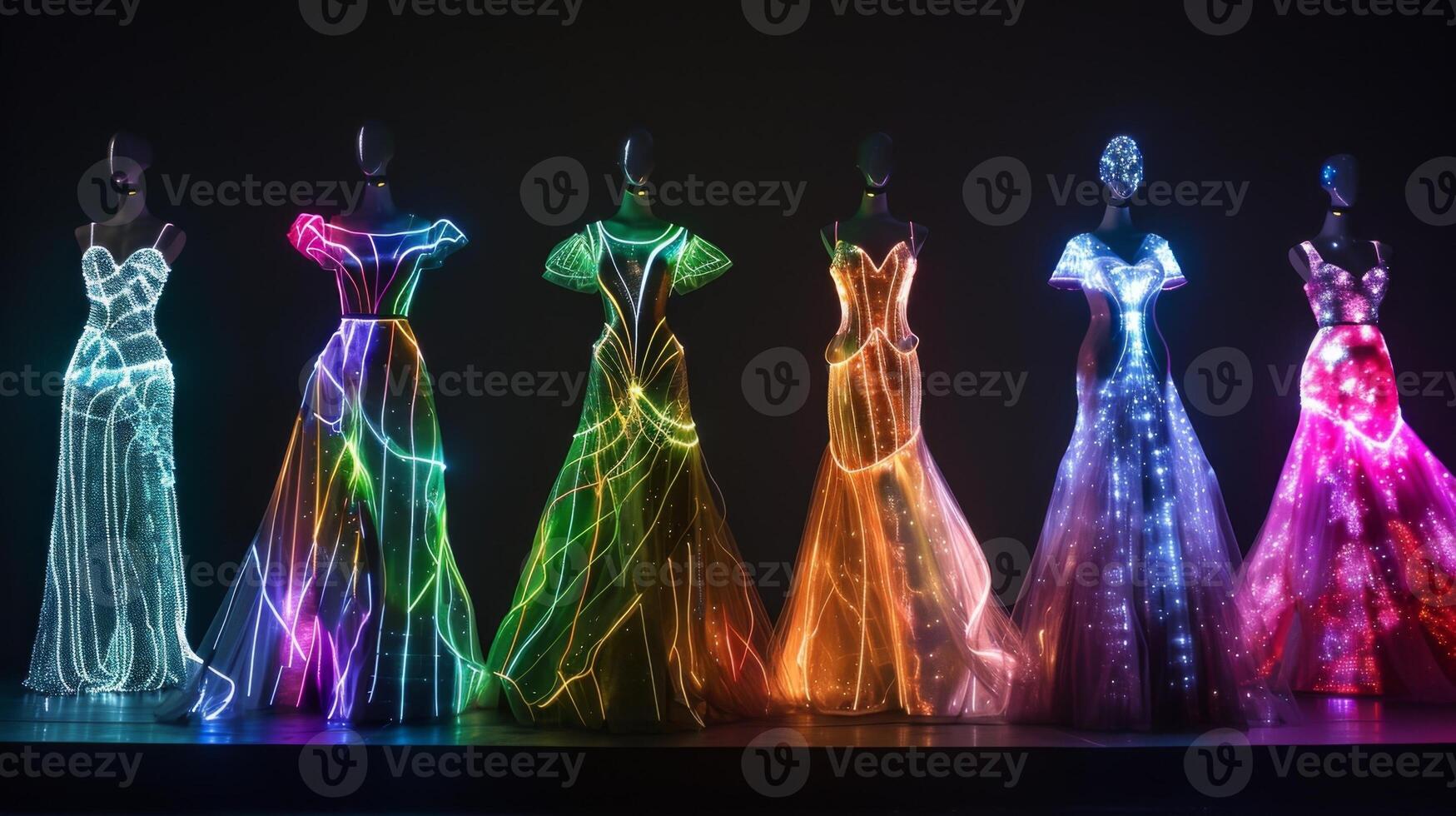 A dazzling array of colorful holographic dresses each featuring embedded LED lights that change color and pattern based on movement and mood photo
