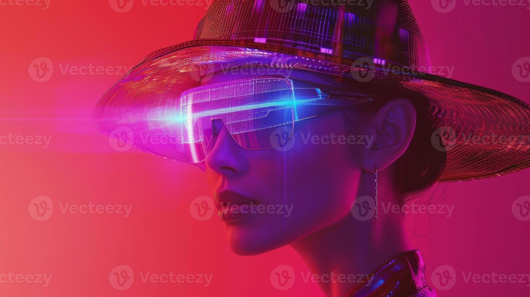 A shimmering holographic image of a model sporting a chic hat with integrated solar panels allowing for onthego charging of IoTenabled devices photo