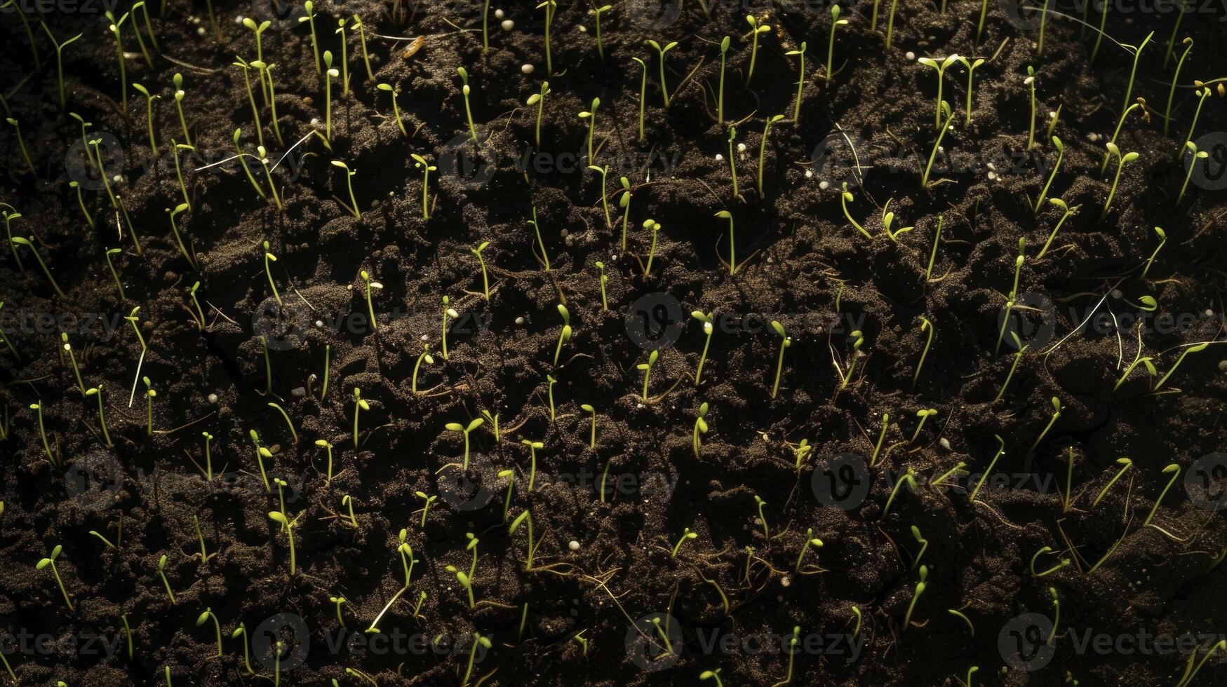 An overhead shot of a microgreen bed with hundreds of small shoots emerging from the dark soil and reaching towards the light photo