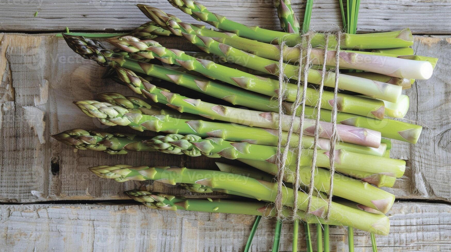 A bundle of crisp bright green asparagus spears each one bearing a tender tip and a thin woody stem photo