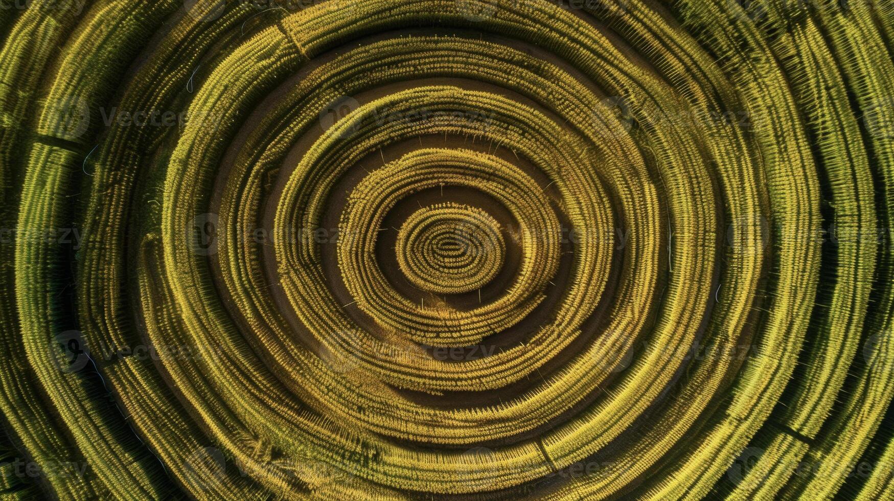 This drone shot captures a mesmerizing view of crop circles each one showcasing a unique blend of crops in varying shades and sizes. The symmetrical patterns formed by th photo