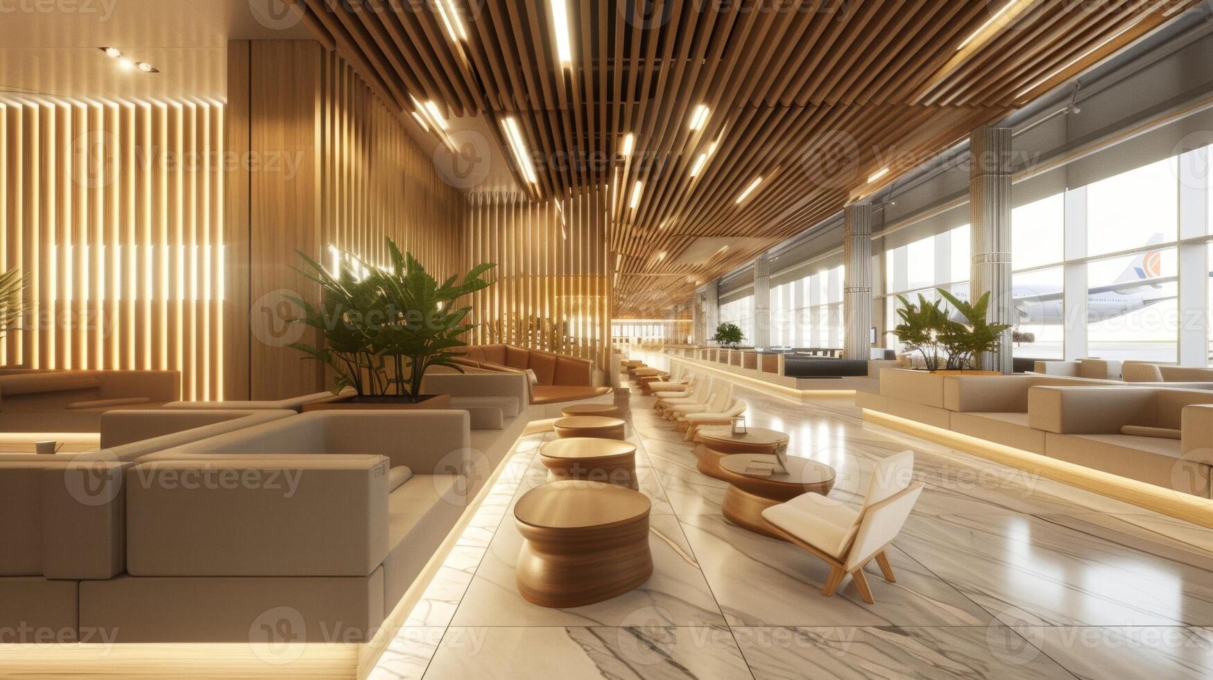 The departure area radiates a sense of calm and tranquility thanks to the clever use of minimalistic design and natural materials. Soft lighting muted color palette and woode photo