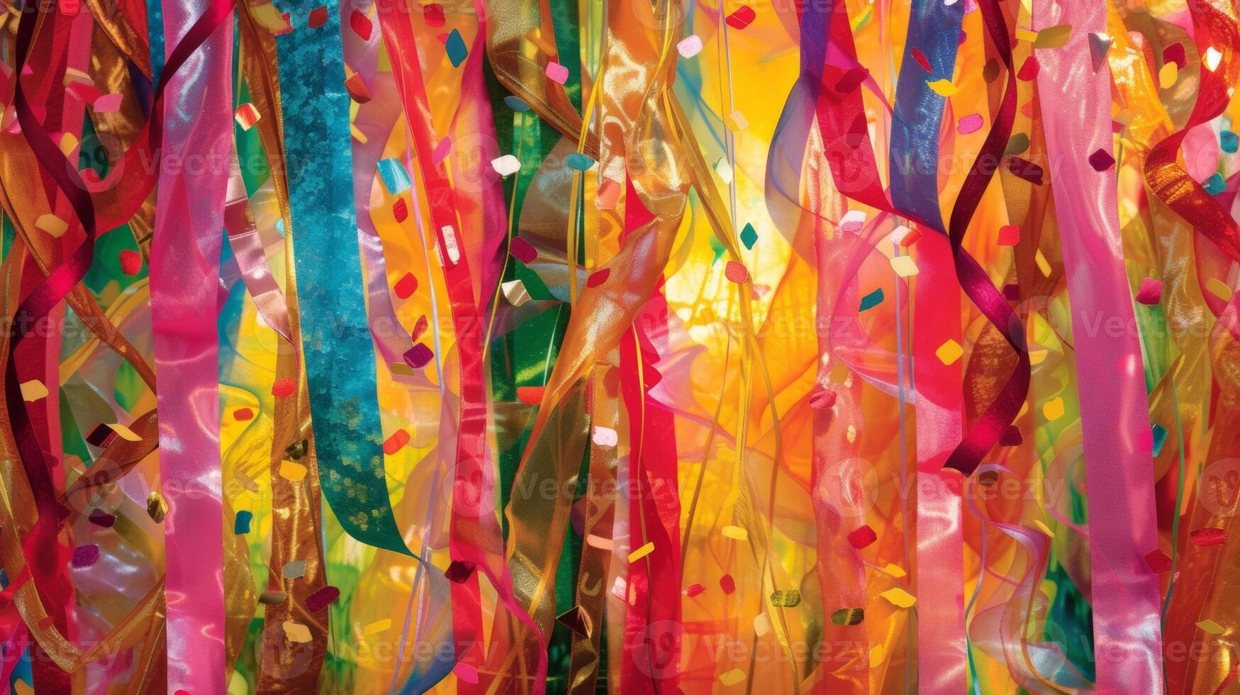 Layers of vibrant streamers and whimsical decorations adorn the abstract backgrounds capturing the festive spirit and whimsy of Carnival celebrations photo