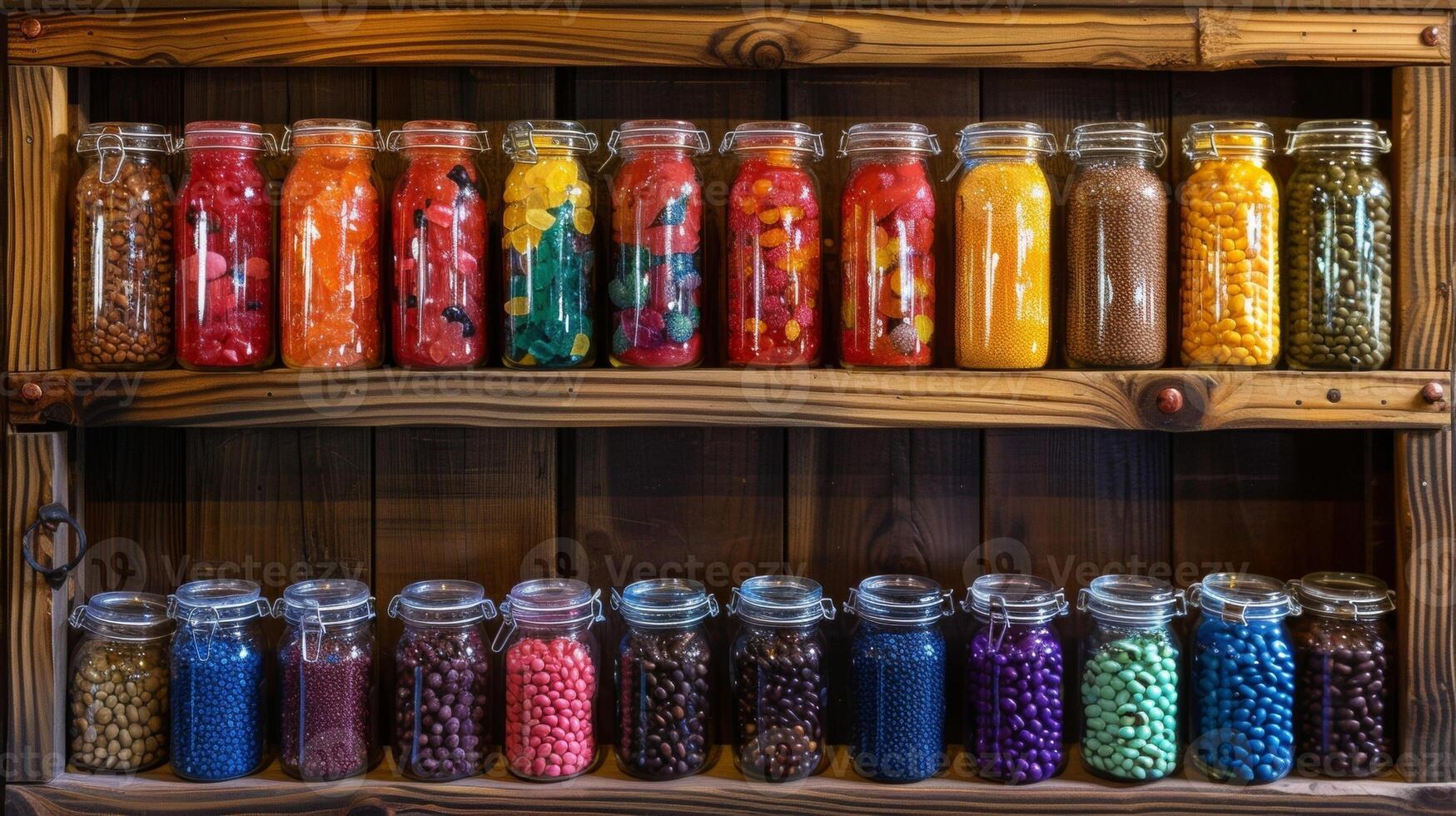 A shelf filled with jars of colorful driedels each containing a different flavor of gourmet gourmet jelly beans perfect for a sweet Hanukkah treat photo