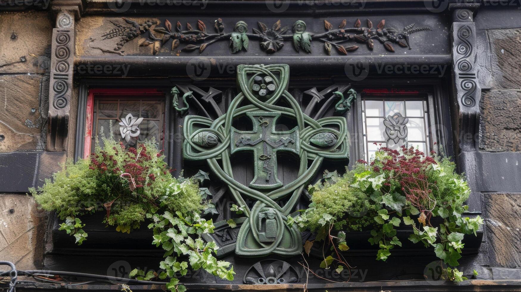Storefronts display traditional Irish symbols like the Celtic cross and claddagh ring photo