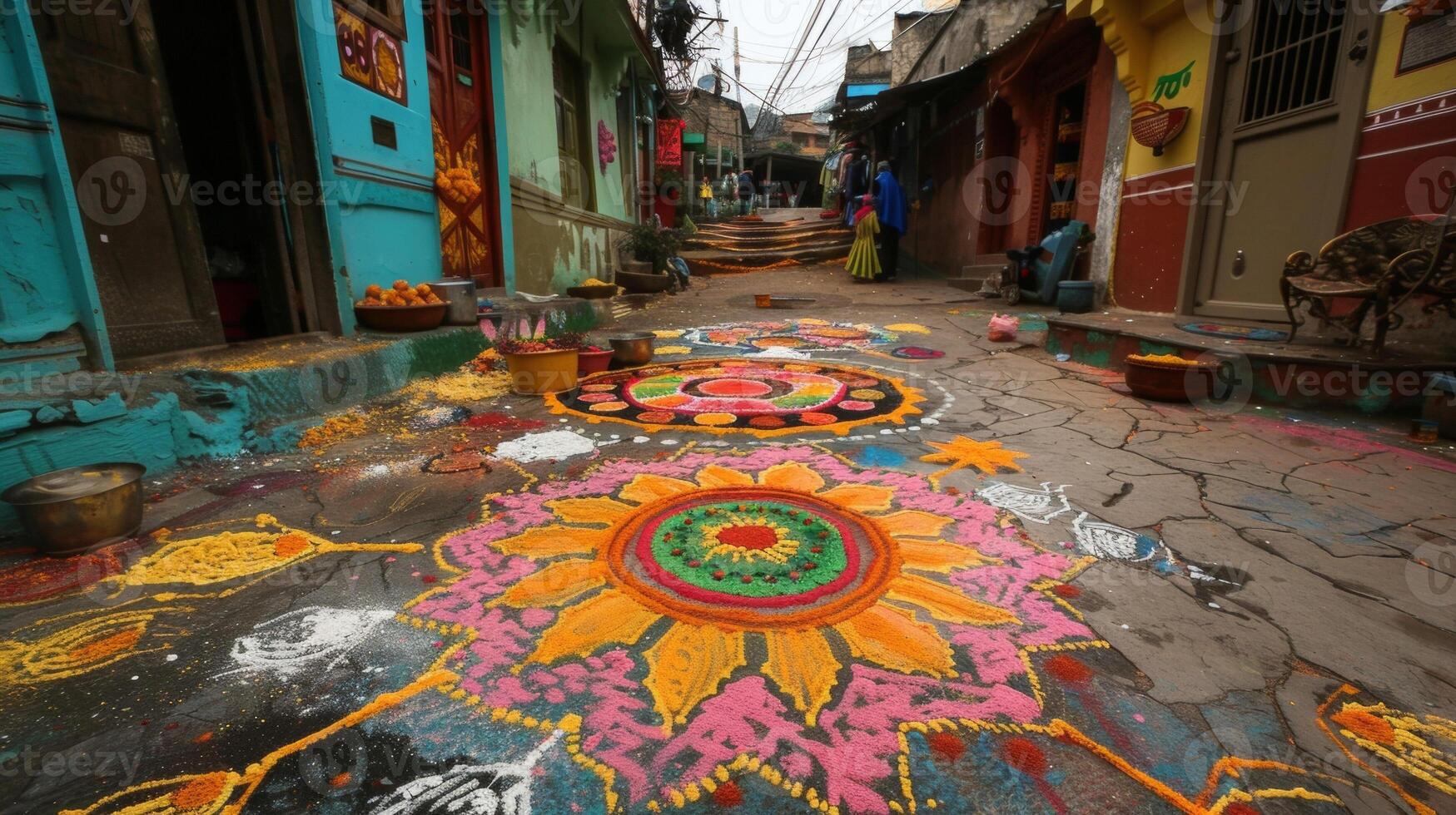 Intricately designed rangolis made out of colorful powders adorn the entrance of houses and streets photo