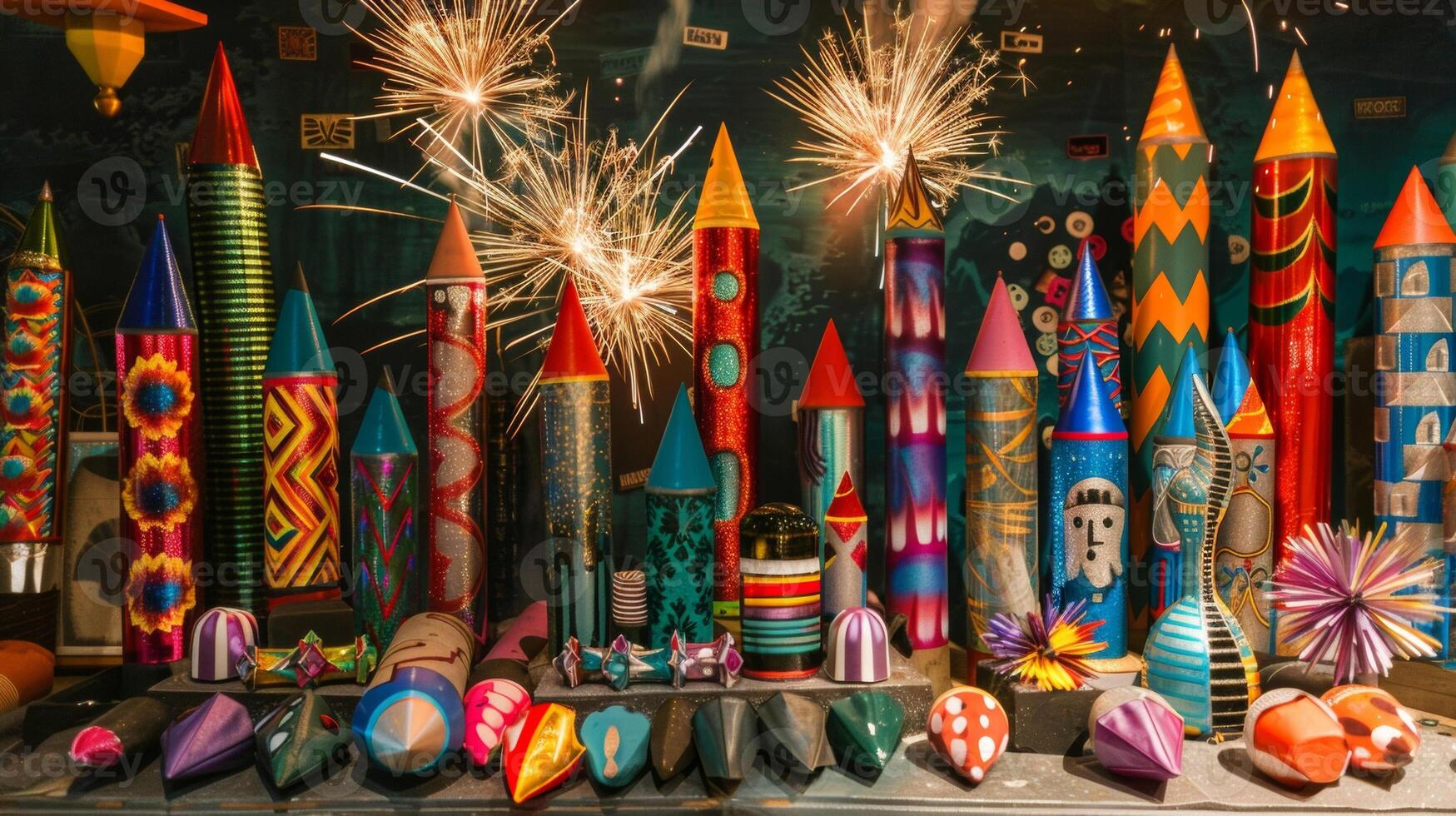 The unmistakable pop and crackle of fireworks can be heard as a table displays an assortment of colorful rockets fountains and firecrackers photo