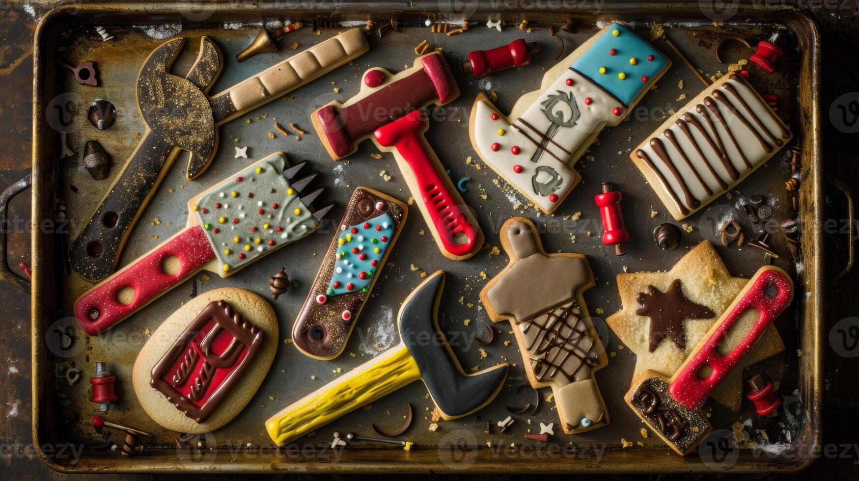 A tray of freshly baked cookies each one shaped and decorated to look like tools commonly found in a toolbox. These delicious treats are a fun and tasty way to show dads ho photo