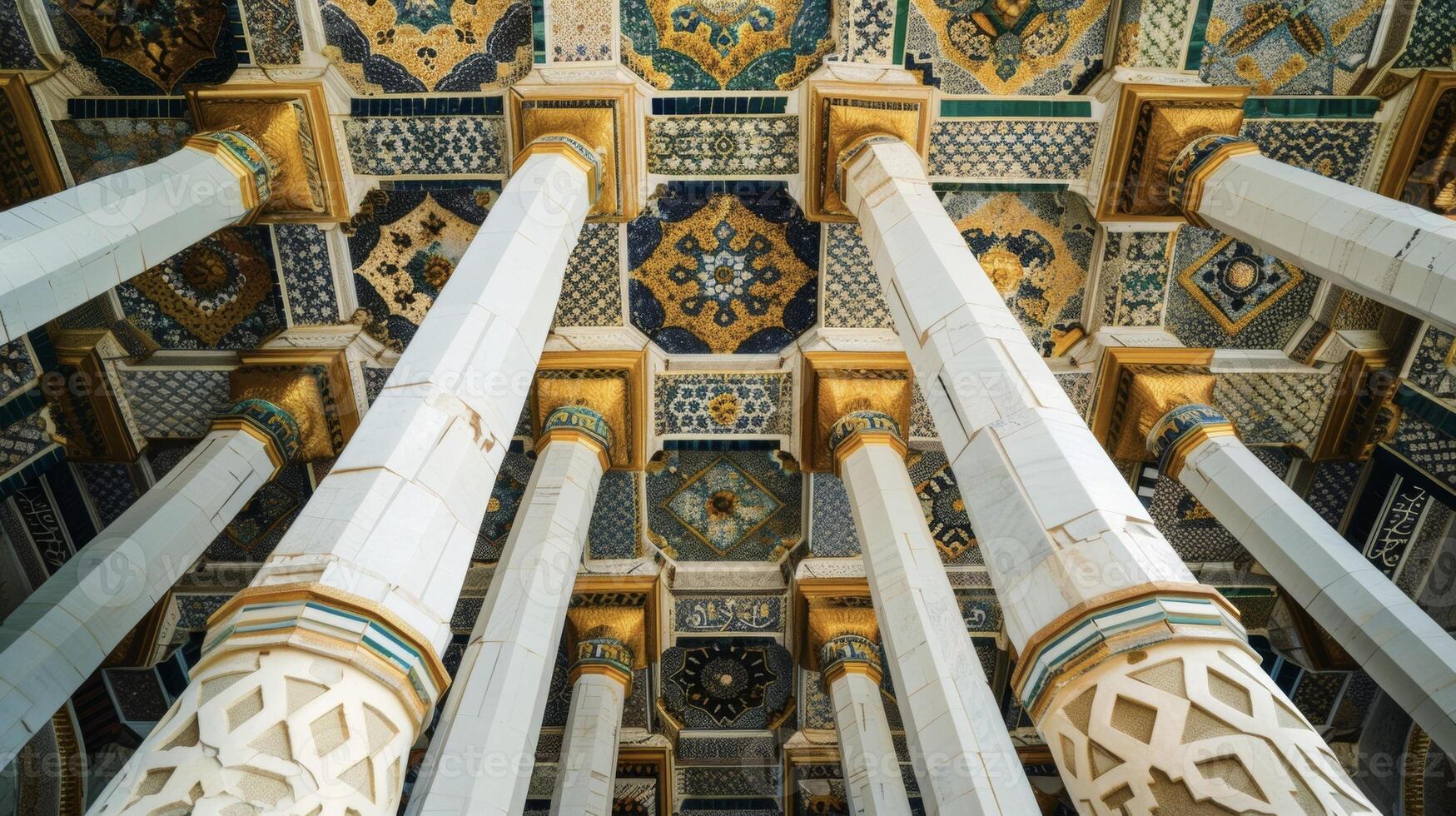 White geometric pillars support a roof featuring a stunning mosaic pattern in shades of gold and black photo