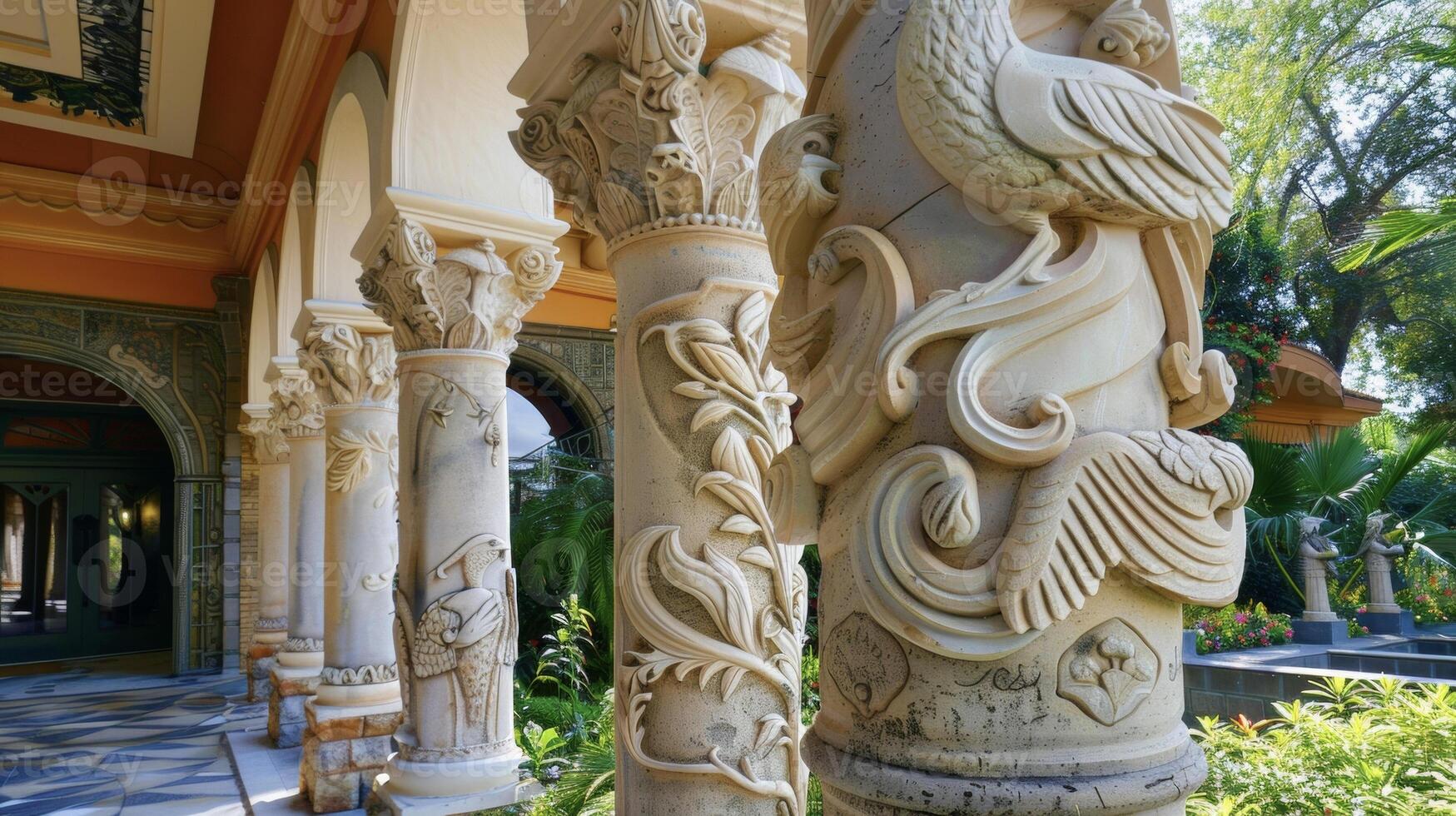 A series of decorative columns and archways adorned with detailed carvings of birds flowers and other natural elements line the entrance of the building. The effect is bot photo
