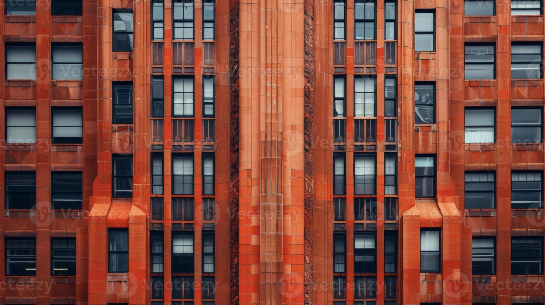 Standing out a its neighboring buildings a vibrant orange art deco structure boasts bold lines and dramatic shapes. Its facade features intricate patterns and textures addin photo
