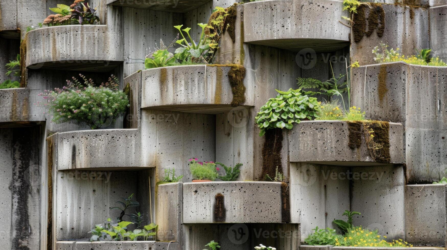 A maze of tall stacked planters line the walls of a concrete structure providing a thriving source of fresh produce photo