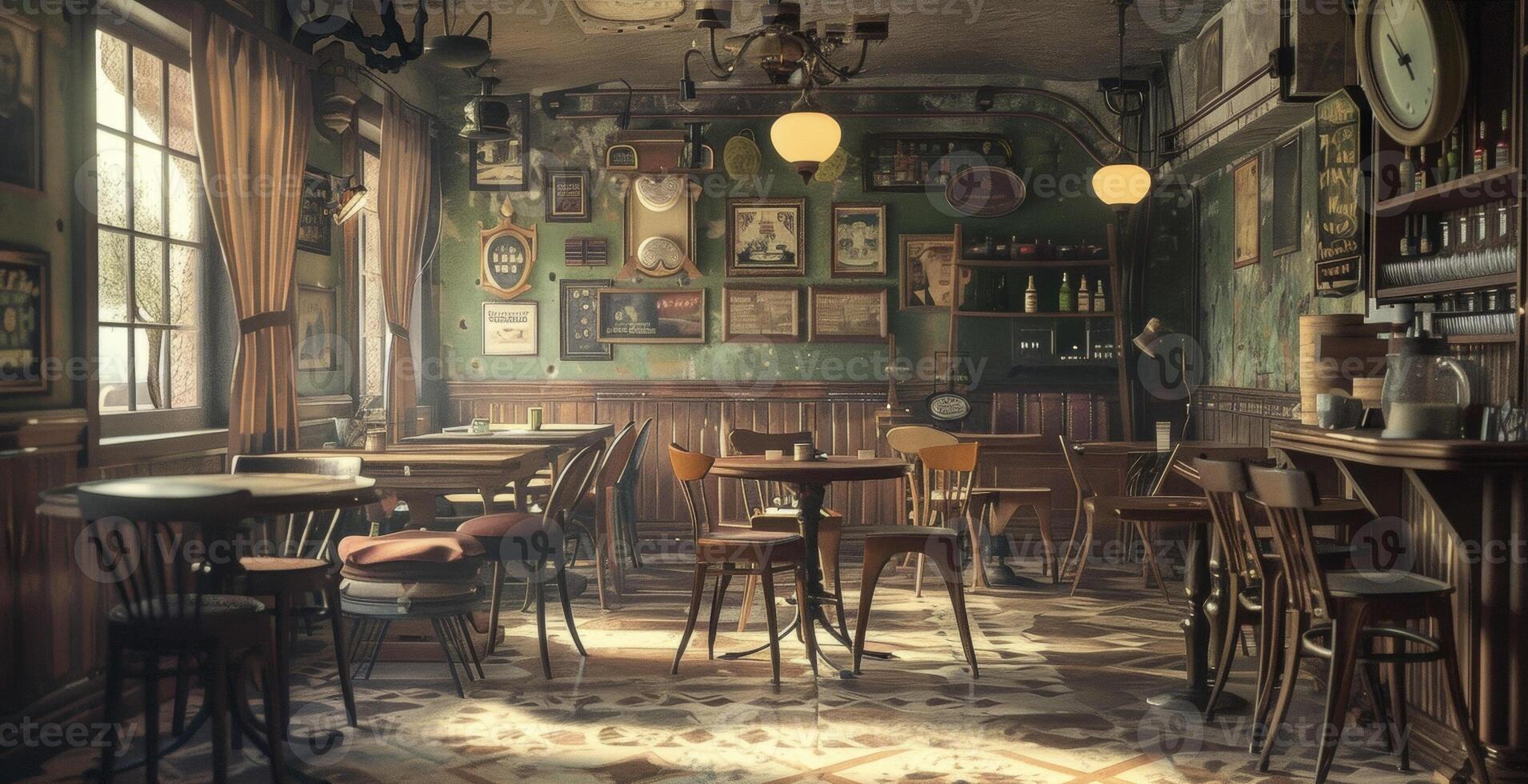 An overall view of a vintage cafe showcasing its rustic decor and antique charm. The lighting is soft and warm highlighting the vintage furnishings and artwork that ador photo