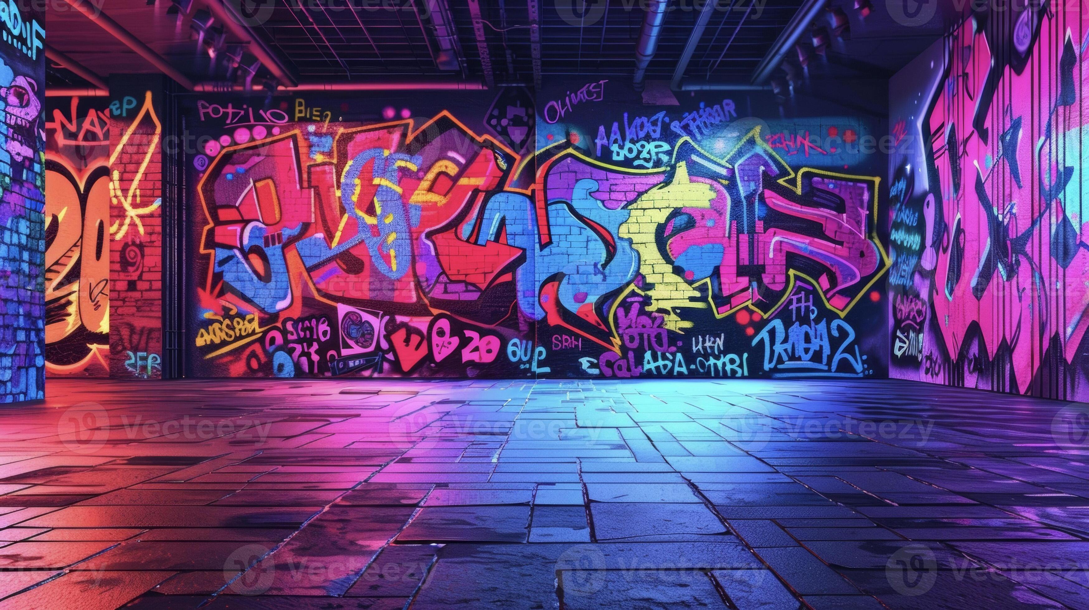 Graffiti tags in a rainbow of hues serve as a backdrop for a bustling