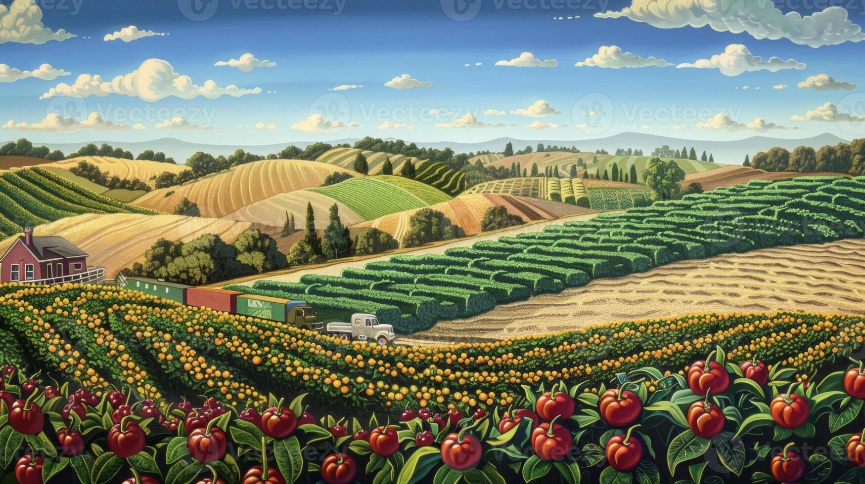 A patchwork of vibrant crops ranging from deep red tomatoes to golden ears of corn blanket the rolling hills in the foreground. In the background a line of trucks can be see photo