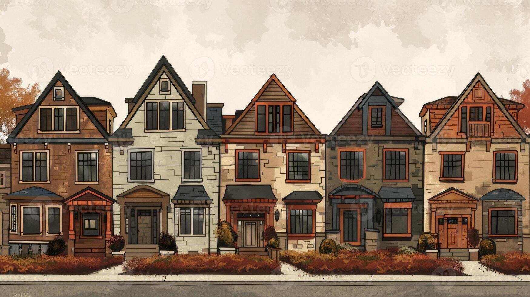 Rustic weathered townhouses in shades of earthy browns and tans with pops of burnt orange and rust in the trim and accents photo
