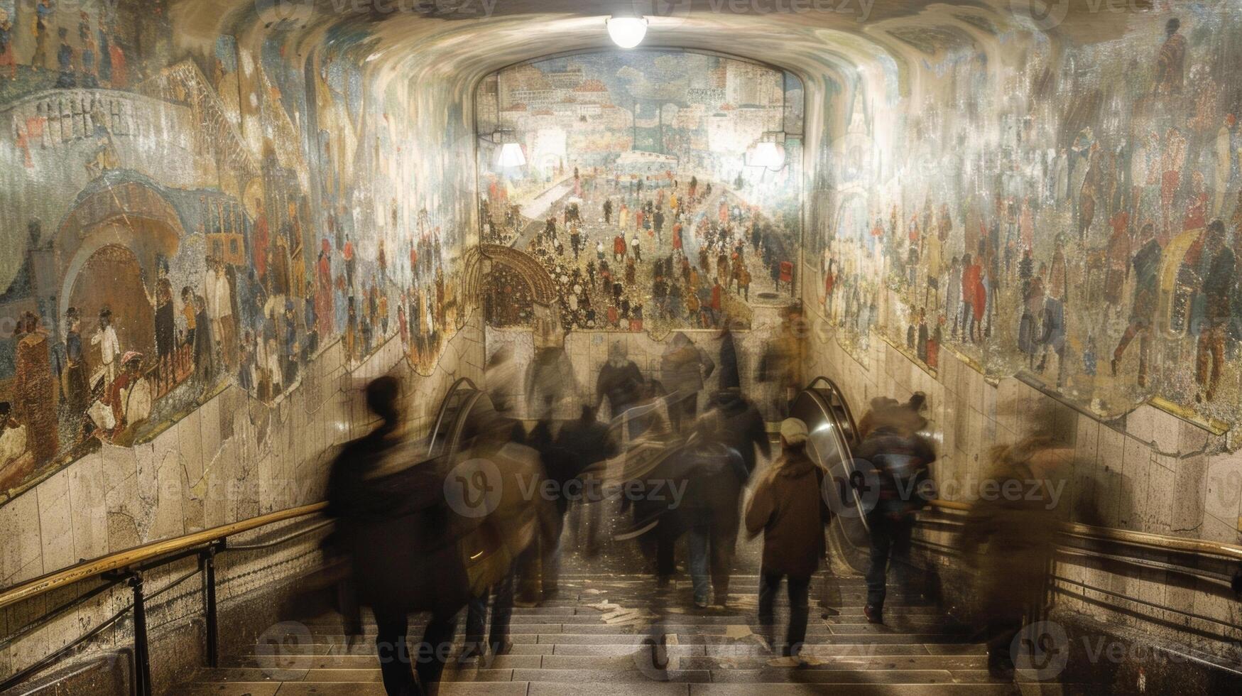 A blur of commuters hurrying down a staircase their feet blurred in a continuous stream of movement. The walls are decorated with murals depicting scenes of city life photo