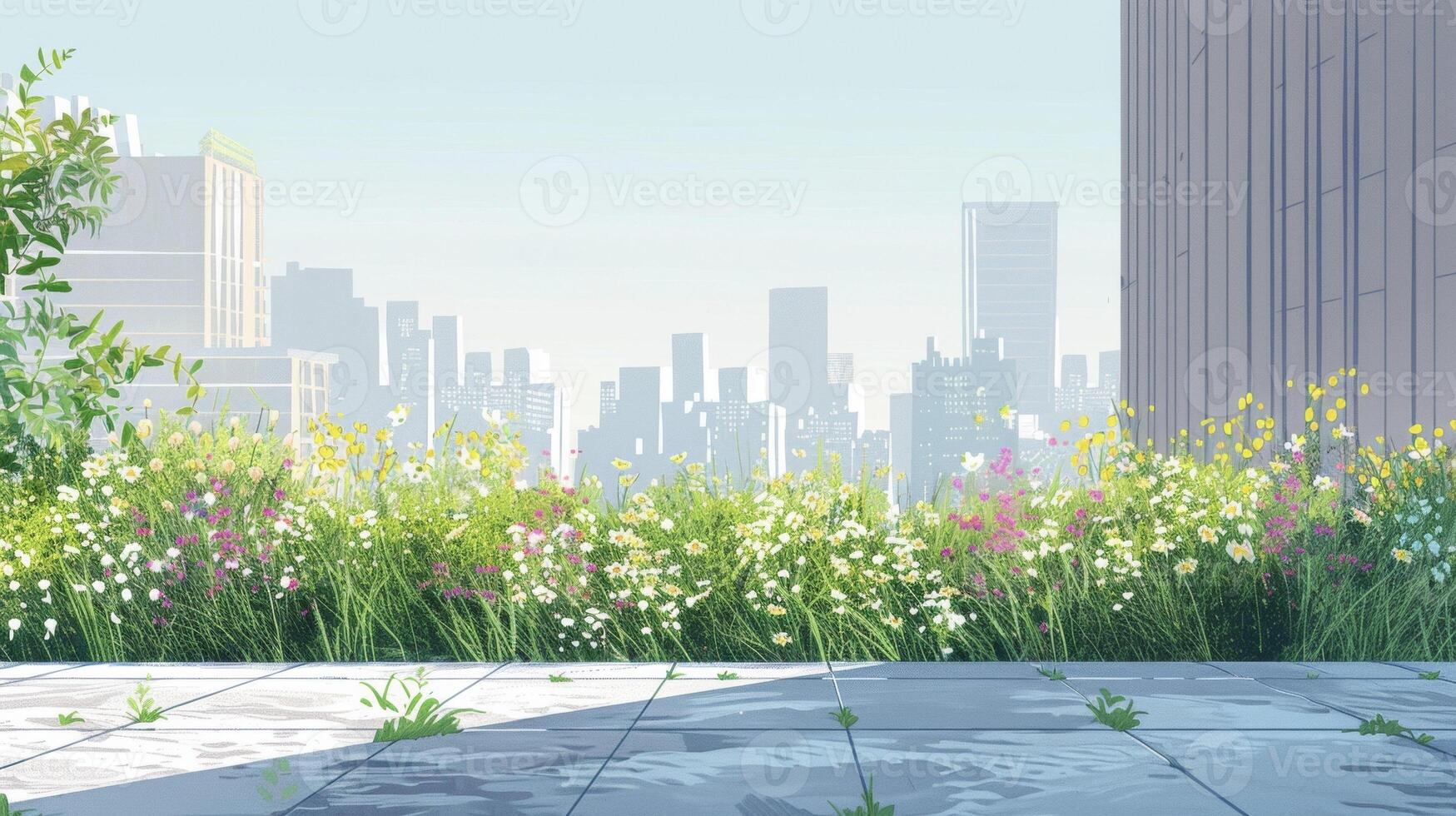 A patch of lush green grass and a of blooming flowers provide a burst of natural color in an otherwise concretedominated cityscape photo