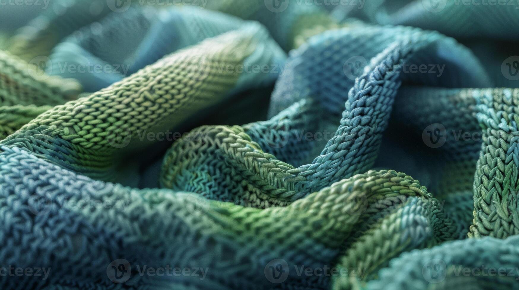 A closeup of a knitted scarf showcasing its soft texture and the complex stitch pattern in shades of blue and green photo