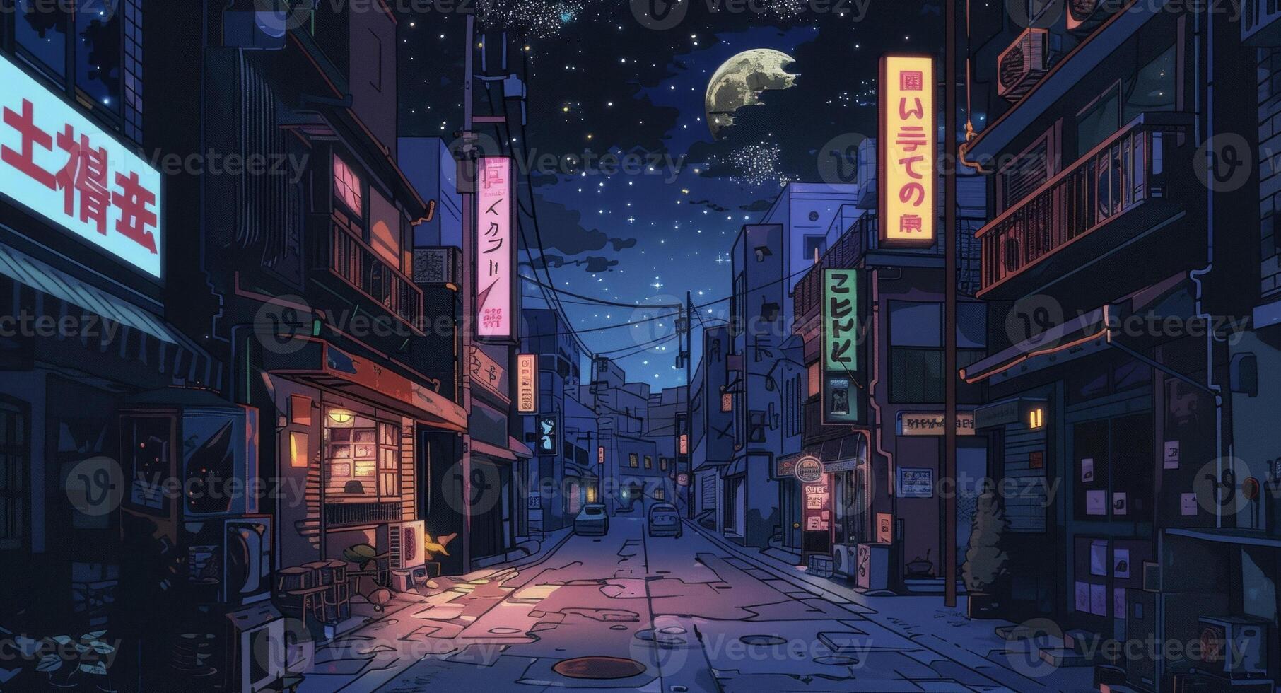 A bustling street is illuminated by bright fluorescent lights from signs and storefronts contrasting with the calm muted light of the moon and stars above photo