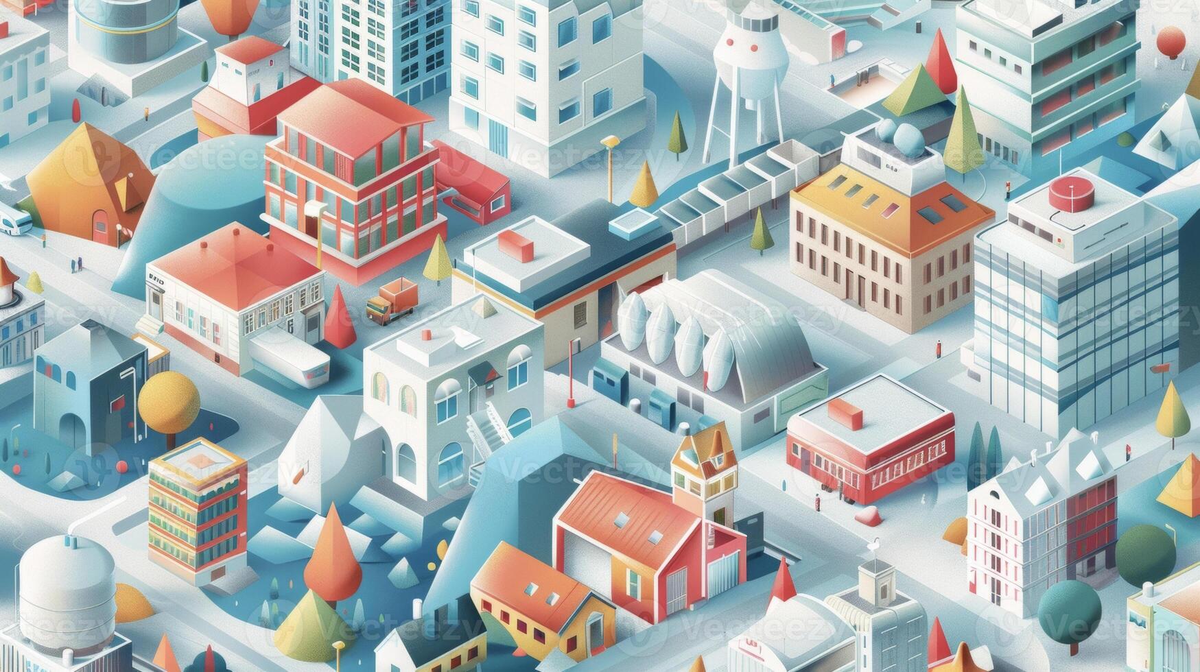A grid of modern buildings connected by clean energy infrastructure including hydroelectric plants and geothermal wells photo