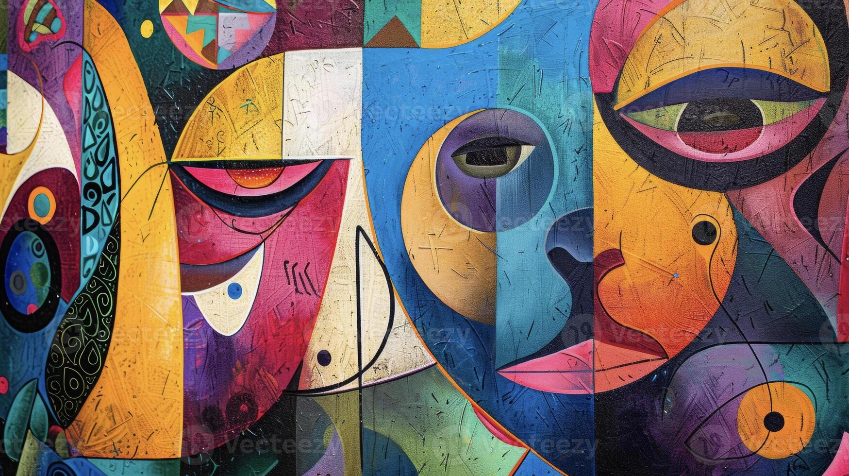 A colorful abstract painting bursting with energy featuring shapes and figures that hint at a deeper meaning and thoughtprovoking narrative photo