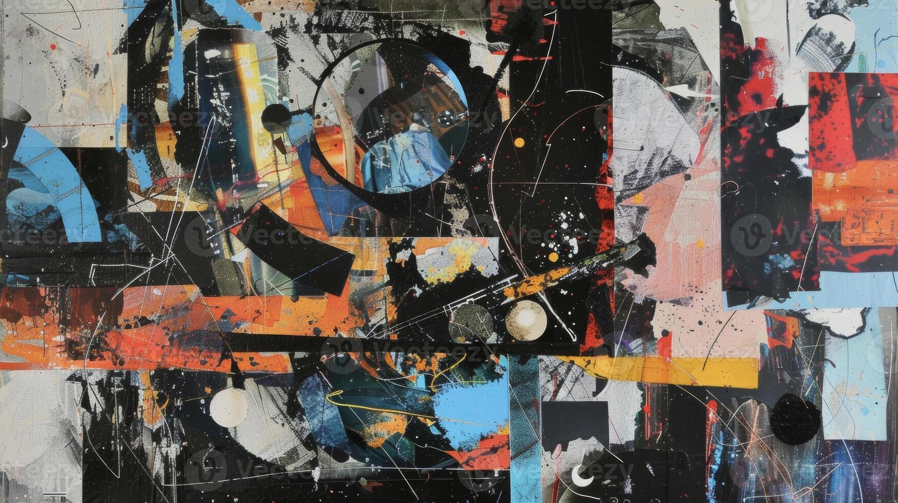 A collage of abstract images reminiscent of the chaotic energetic atmosphere of a music venue. Bold lines and shapes intersect and overlap creating a sense of movement an photo