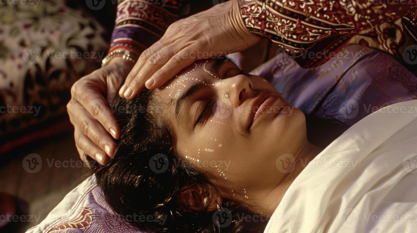 In the seventh image we see a traditional medicine practitioner working on a patients body using a combination of acupressure and yoga therapy techniques. The patients fac photo