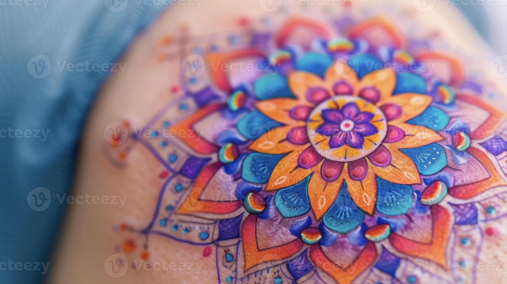 The delicate details of a colorful mandala design painted on the skin a temporary tattoo that represents the spiritual and meditative aspects of yoga photo