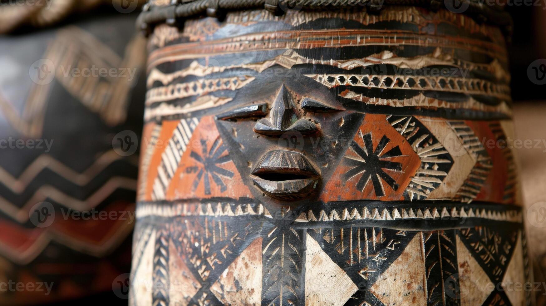 A ceremonial drum decorated with handpainted tribal designs used to summon the spirits and aid in healing rituals in African tribal medicine photo