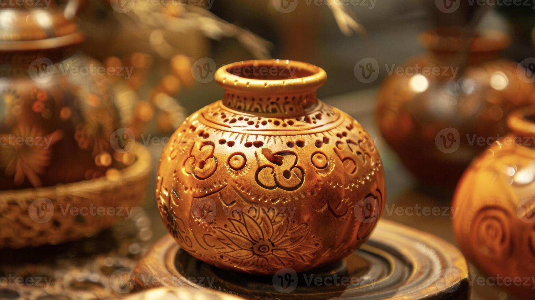 A small intricately designed gourd is filled with a pungent ambercolored liquid. This liquid is believed to improve digestion and boost the immune system photo