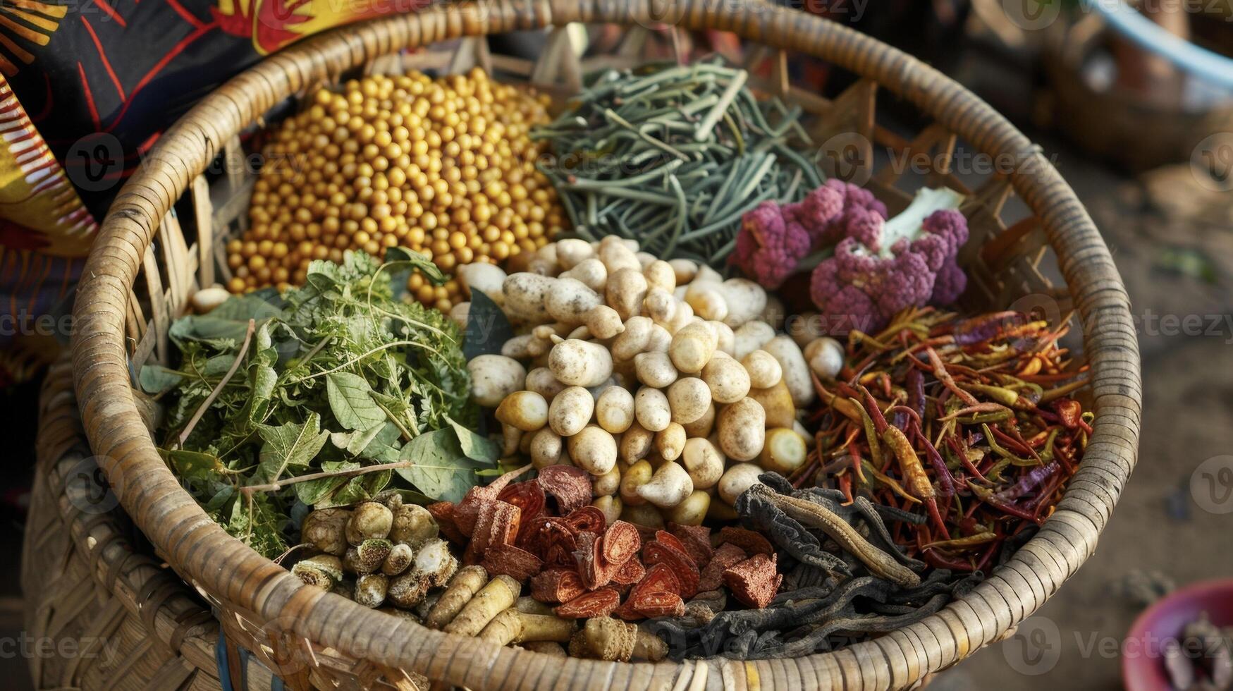 A woven basket is overflowing with an array of colorful roots leaves and seeds. Each ingredient has been carefully selected by a traditional healer for its medicinal properties photo