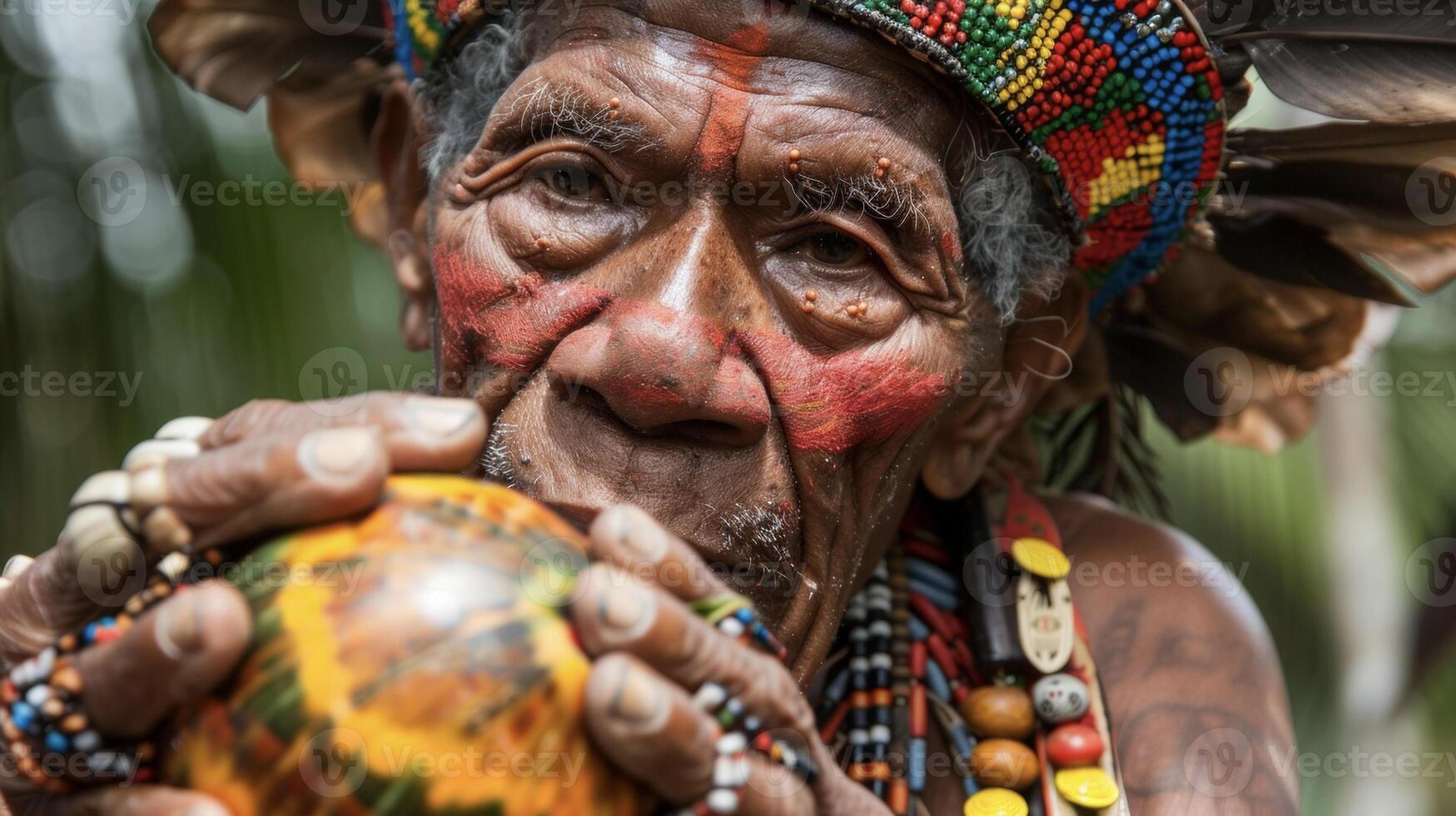 Wearing a colorful headdress and intricate beaded jewelry a healer holds up a gourd filled with a healing potion. The potion is made from various plants and is believed t photo