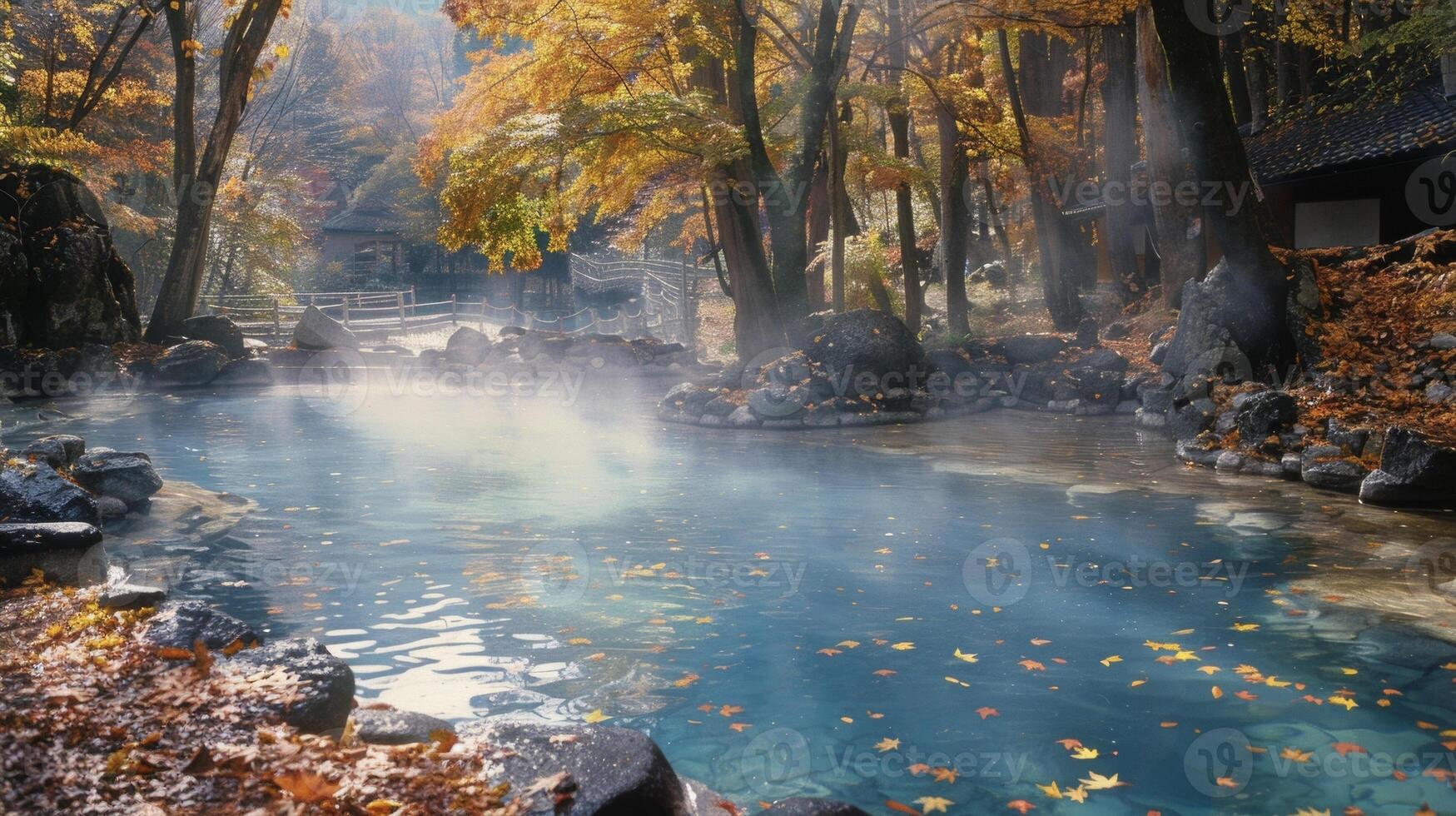 The hot spring is surrounded by a blanket of fallen leaves giving a sense of autumnal coziness. Steam rises from the water blending with the colorful foliage and creatin photo