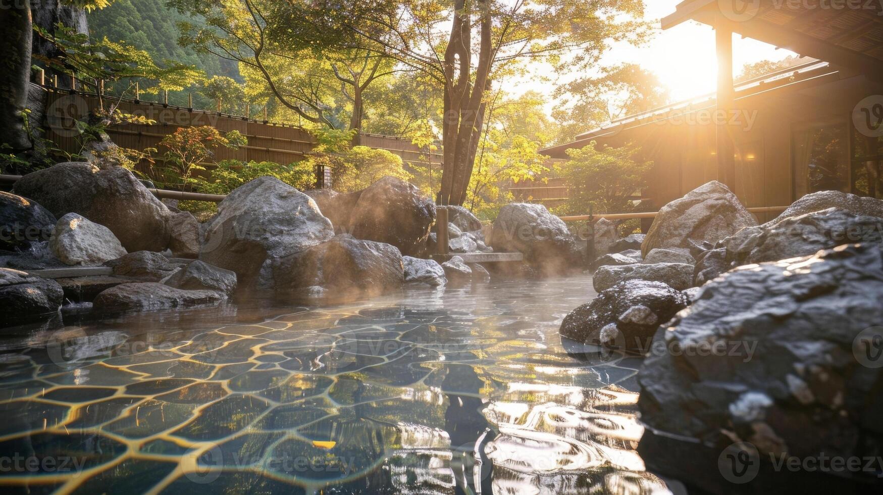 The hot spring is nestled within a rocky alcove giving the feeling of being coed in nature. Rays of golden sunlight peek through the trees creating a warm and inviting atmosphere photo