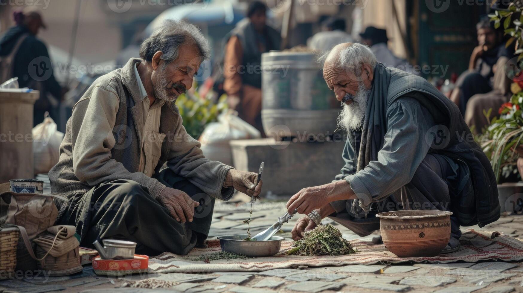 In a bustling marketplace a healer sets up a makeshift clinic using a mat and a few simple tools. His patient a man with a twisted ankle watches with curiosity as the heale photo