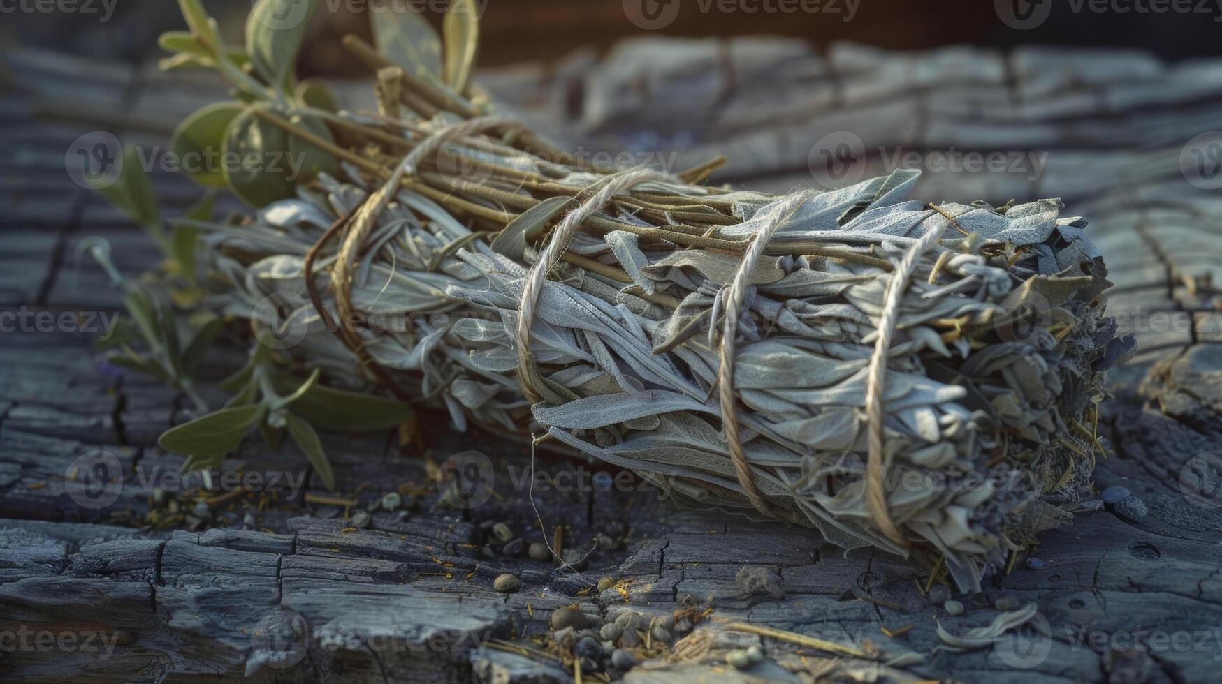 A bundle of sage tied with twine and ready to be used for cleansing and purifying in traditional medicine practices photo