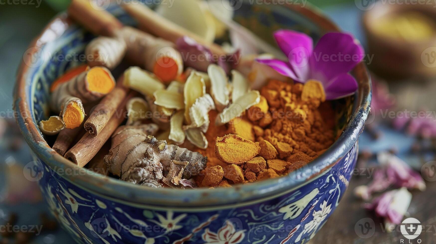 A bowl of colorful es including turmeric ginger and cinnamon commonly used in traditional medicine for their antiinflammatory and healing properties photo