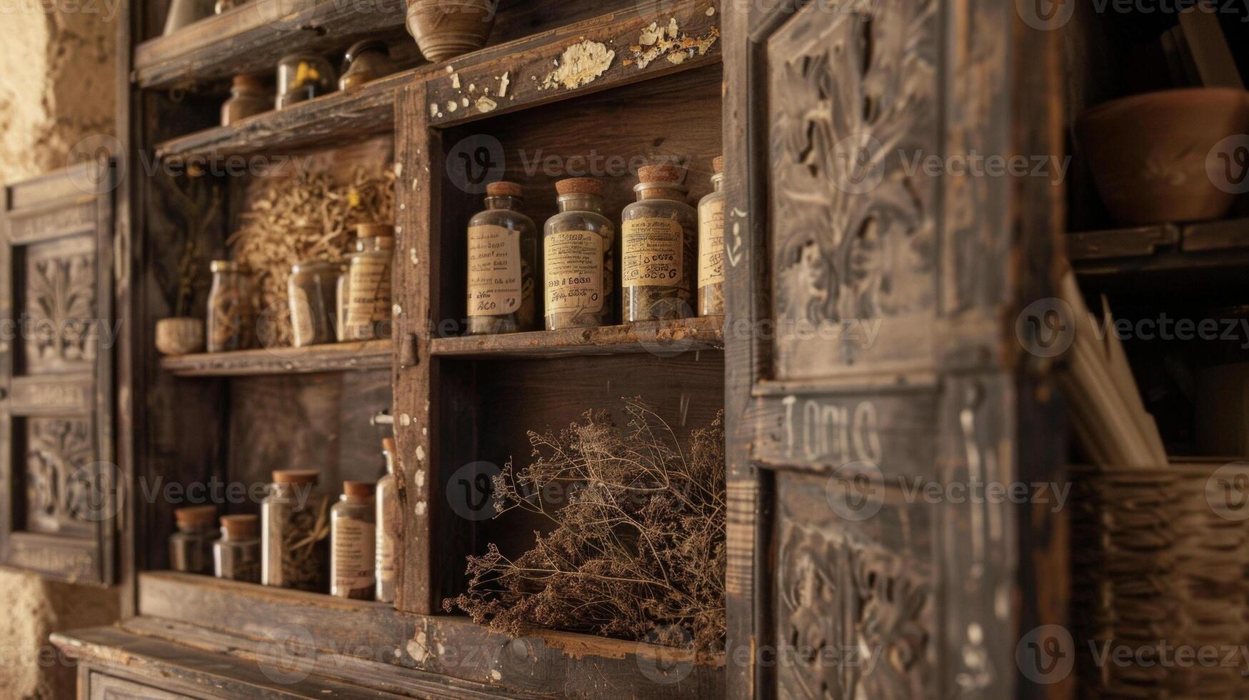 A rustic wooden cabinet adorned with dried herbs and handwritten labels serves as a reminder of the ancient knowledge and wisdom passed down through generations of healers photo