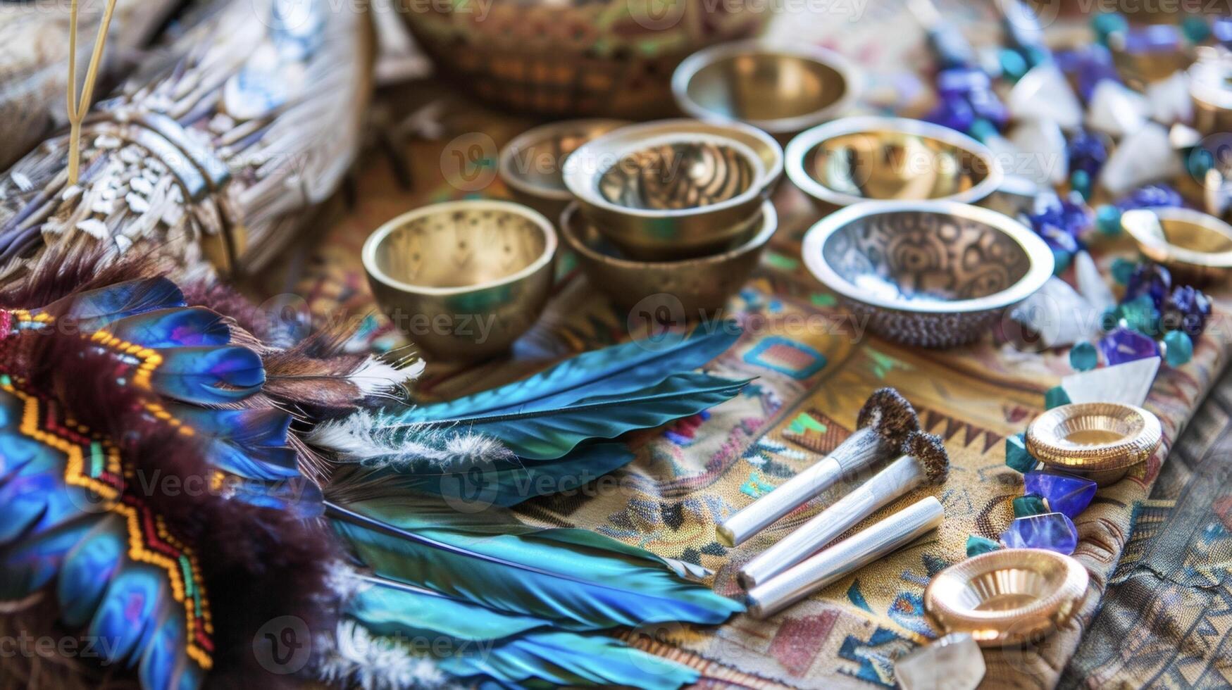 The closeup of a traditional medicine bundle adorned with feathers and crystals beside a set of tuning forks and sound bowls symbolizing the integration of holistic healin photo